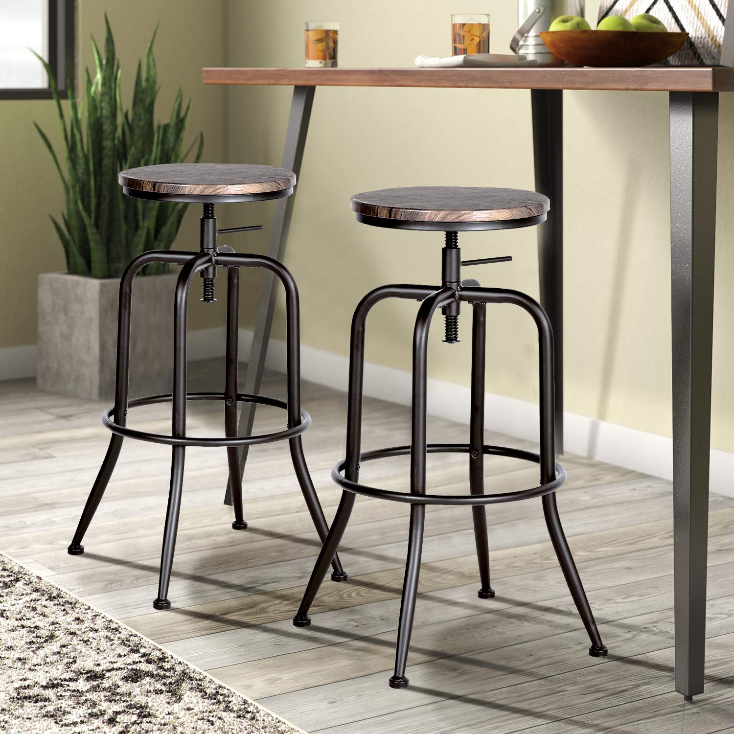 FurnitureR Adjustable Barstool Set of 2, Industrial Round Bar Stools with Swivel Seat 27-30 Inches Counter Height Bar Chair with No Back for Dining Room Kitchen Island (Walnut Brown, Set of 2 - WoodArtSupply