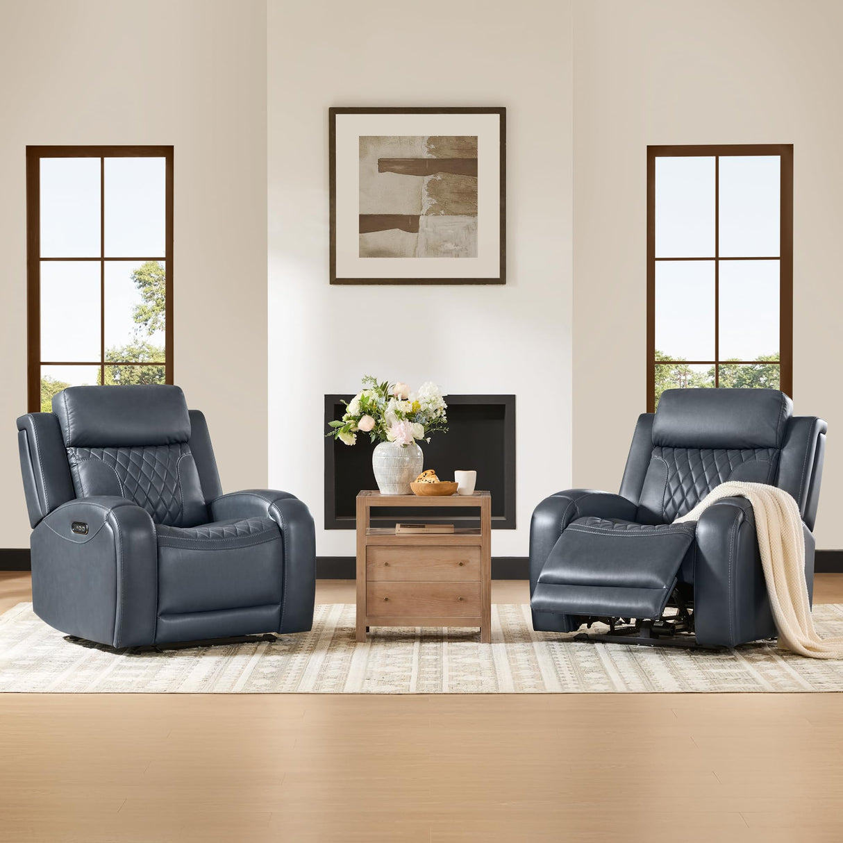 CHITA Genuine Leather Recliner Chair for Adults with Adjustable Power Headrest, Lay Flat Power Recliner with Slide-Out Cupholders & USB/Type-C Ports, Living Room Chair, Navy Blue CHITA