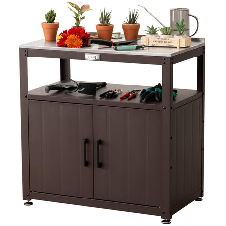 Feasto Garden Potting Bench with Storage Cabinet,Outdoor Gardening Table & Work Bench for Plants, Horticulture,Outdoor Workstation with Stainless Steel Tabletop,Outdoor Work Table Feasto