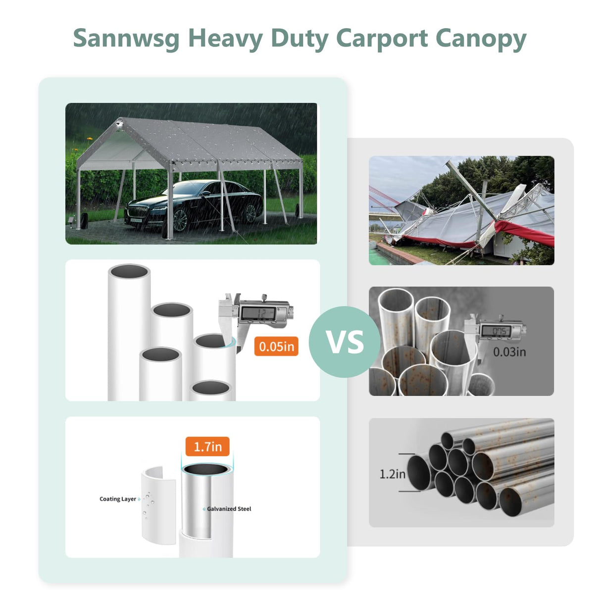 10 * 20 Heavy Duty Carport Canopy - Extra Large Portable Car Tent Garage with Adjustable Peak Height from 9.5ft to 11ft,Removable Roof &Side Walls for Car, SUV,Boats Sannwsg