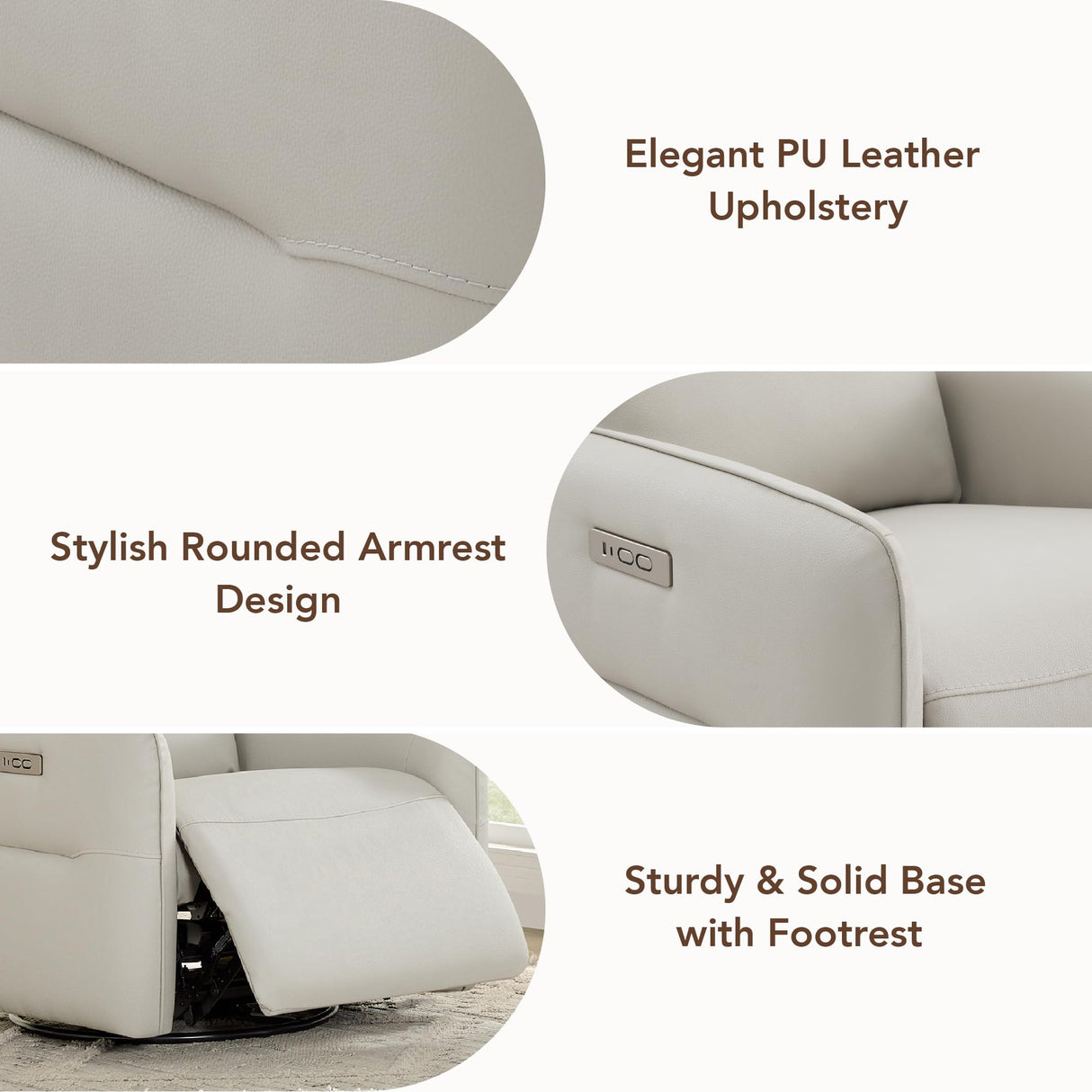 CHITA Faux Leather Power Recliner Chair, Swivel Glider Recliner for Adults, Nursery Rocking Chair with USB & Type-C Charging for Living Room, Bedroom, Creamy Grey CHITA