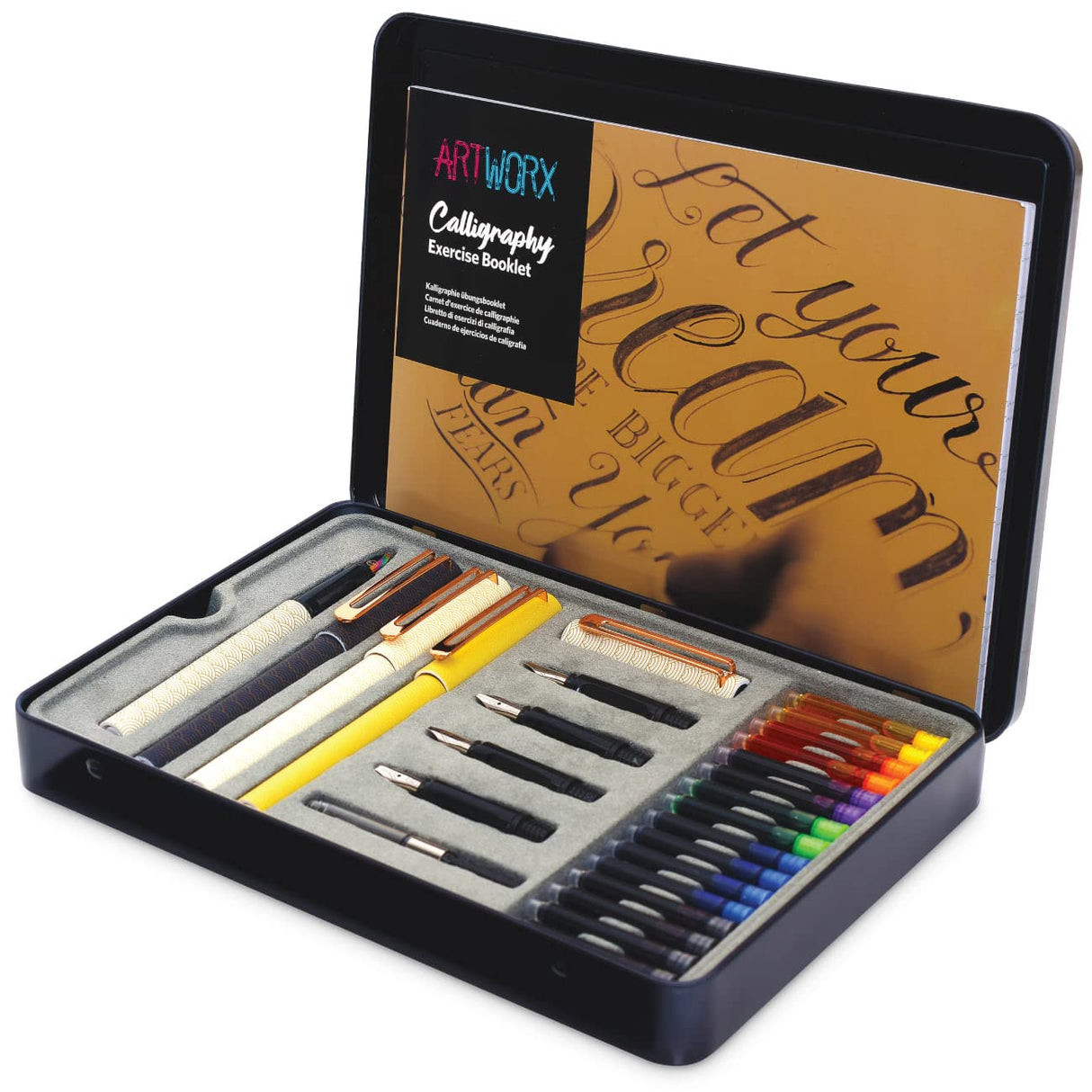 Artworx Calligraphy Pens Set - Introductory Caligraphy Writing & Hand Lettering Kit - Includes Instructions, Guide Book and Practice Book - Calligraphy Set For Beginners Artworx