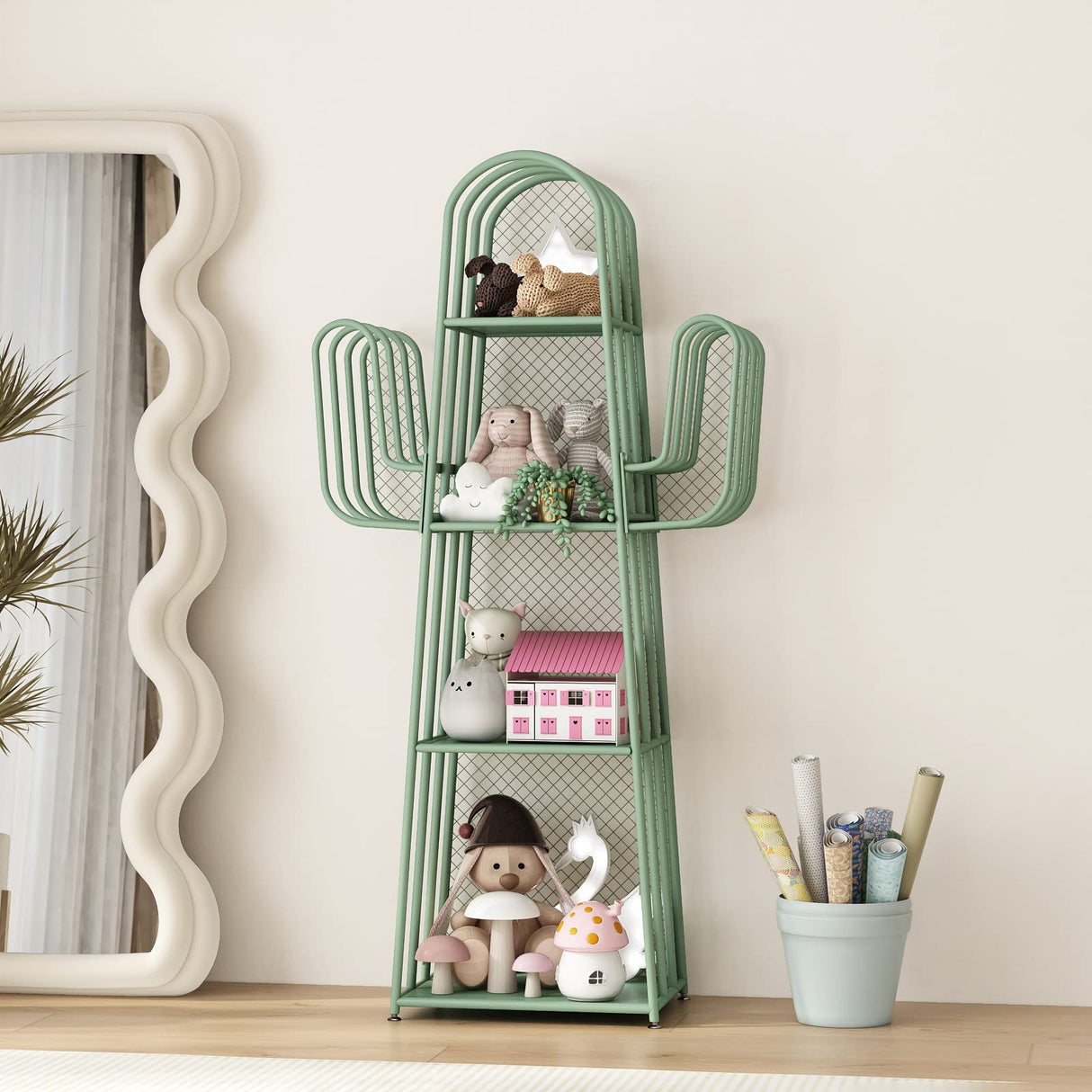 DOORXIF 4-Tier Ladder Green Bookshelves Freestanding, Cactus Bookcase Storage Organizer Closet Corner Metal Display Cabinet, Corner Green Bookshelf for Small Spaces, Green Bookcase for Bedroom Office DOORXIFO