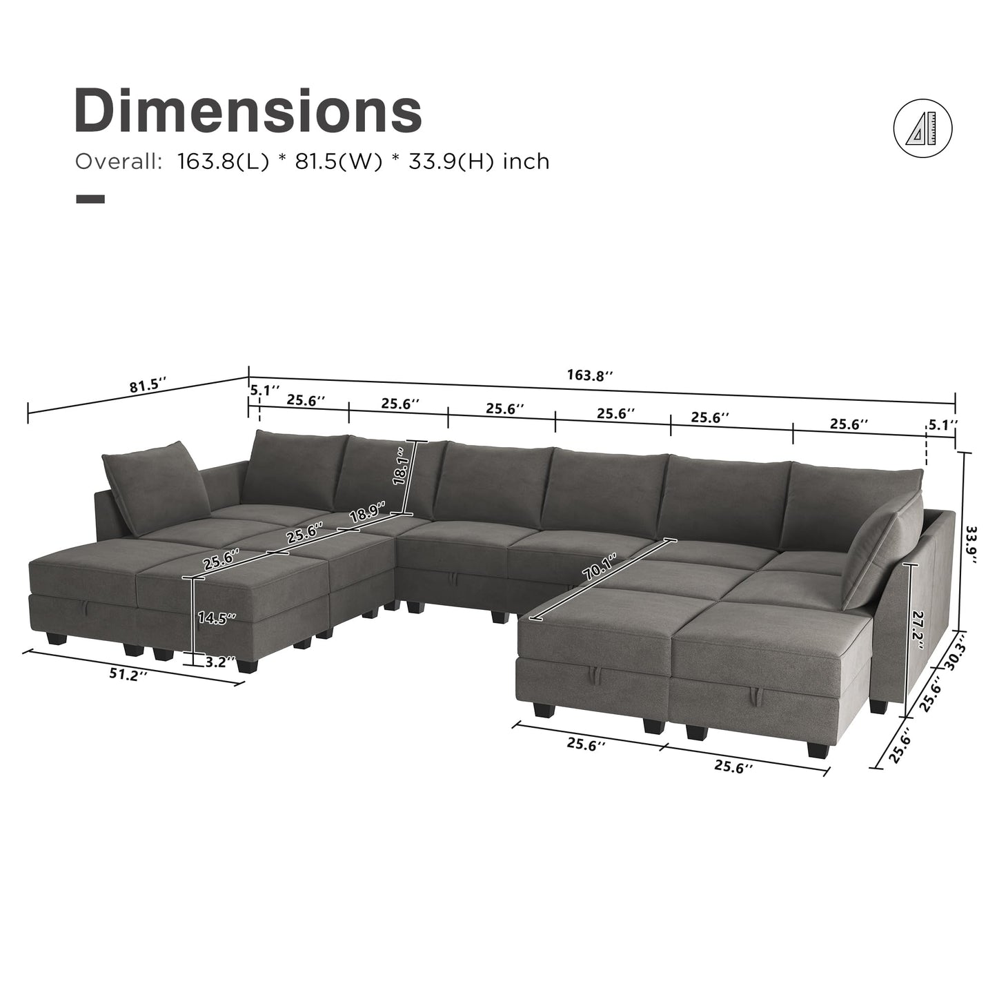 HONBAY Oversized Modular Sofa Couch with Chaise U Shaped Velvet Sectional Sofa Reversible Modular Sofa Sleeper Bed with Storage Seats, Grey