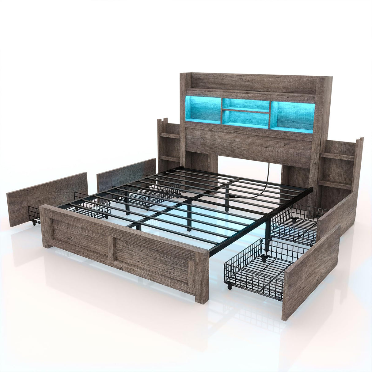 LUXOAK Full Bed Frame with 49.6" Bookcase Headboard & 2 Detachable Bedside Stoage Racks & 4 Drawers, Farmhouse Wood Bed Frame with RGB LED & Charging Station, No Box Spring Needed, Grey LUXOAK
