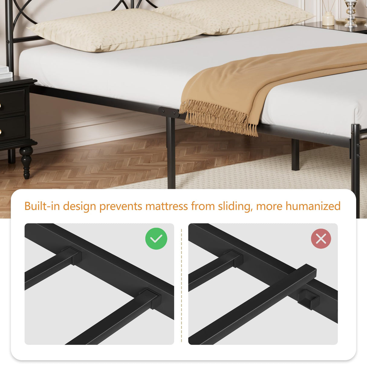 VECELO Queen Size Bed Frame, Metal Bed Platform with Headboard, Sturdy Steel Slats Support, No Box Spring Needed/Noise-Free,Easy Assembly, Black VECELO