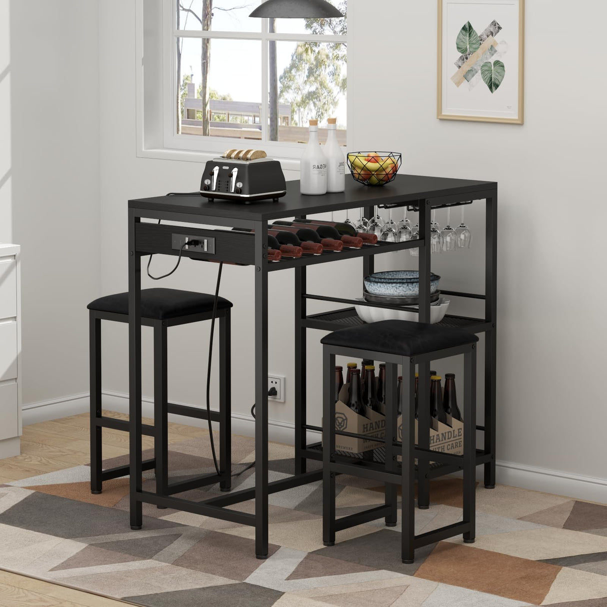 Gyfimoie Bar Table and Chairs Set with Power Outlet, Pub Table and Chairs Set for 2 with 2 Storage Shelves, 3 Piece Table Set with Wine Rack&Glass Holder for Living Room,Dining Room,Small Apt (Black) Gyfimoie