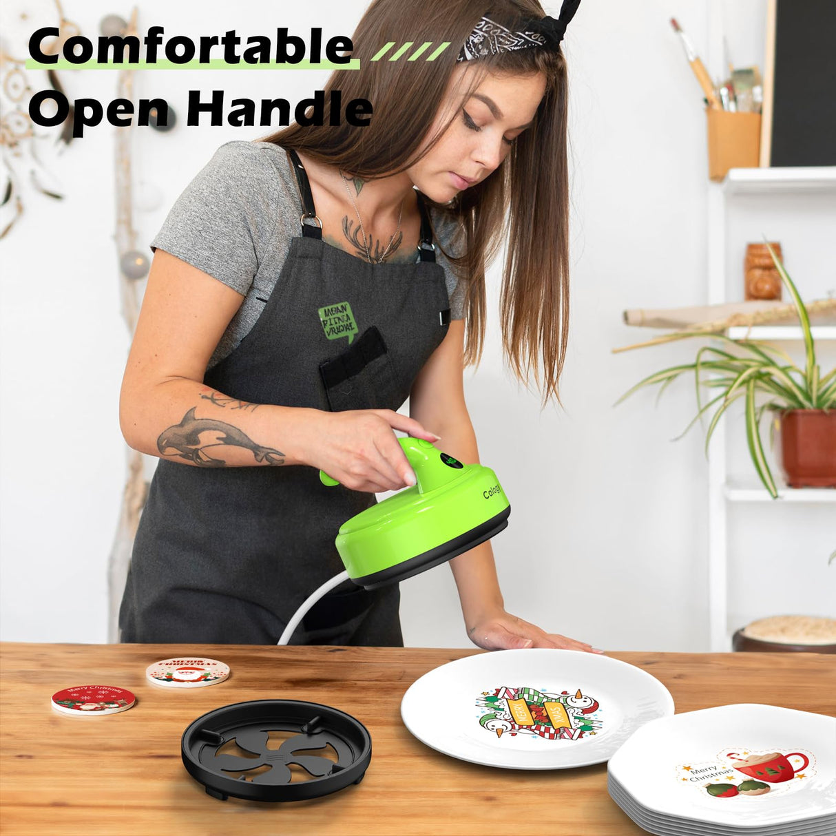 Calogy Mini Heat Press, 5" Diameter Round Heat Press Machine for T-Shirt Portable, 4 Levels Temp Max 410℉, Small Iron for Crafts, Coaster, Bag, Pillow, Ceramic, Sublimation Ink Vinyl Transfer (Green) Calogy