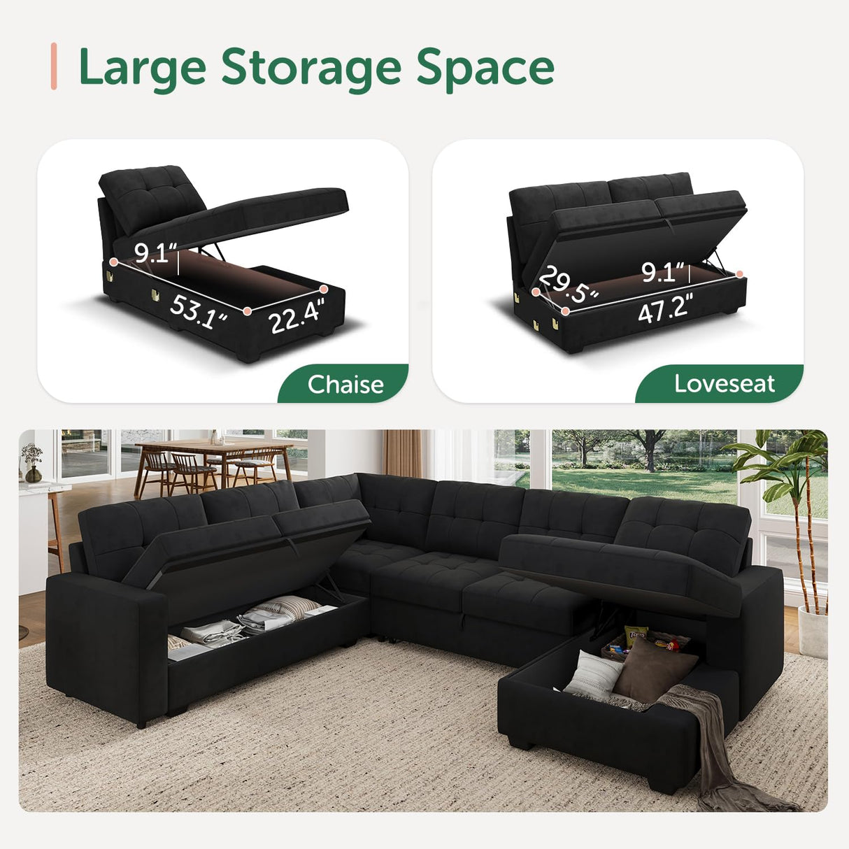 HONBAY Sectional Sleeper Sofa with Pull Out Bed, Sleeper Sectional Couch for Living Room, Sleeper Sofa Bed with Storage Chaise, Velvet Black HONBAY