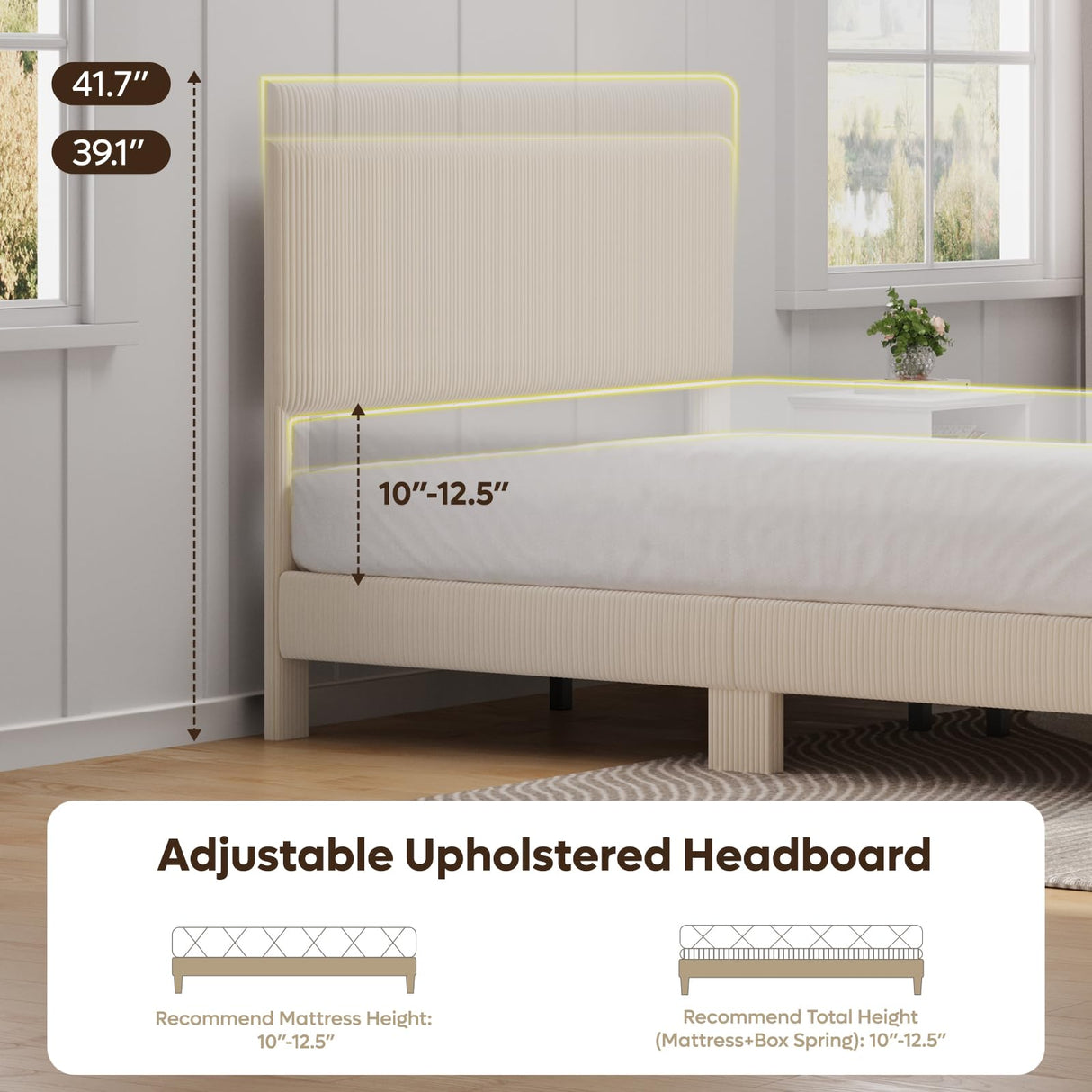 Bestier Full Bed Frame with Adjustable Headboard, LED Lighting, Vertical Channel Tufted Corduroy Upholstered, Solid Wooden Slats Support, No Box Spring Needed, Never Squeaks, Easy Assembly, Beige Bestier