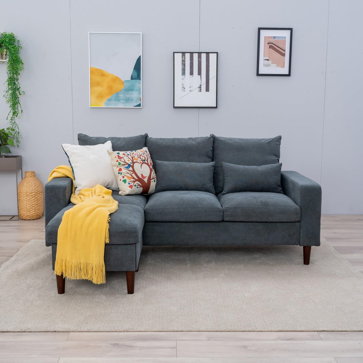 Panana Convertible Sectional Sofa Couch,L-Shaped, 2 or 3-Seat Sofa Sectional with Reversible Ottoman for Small Living Room, Apartment (Gray Linen Fabric, 3 Seater with Ottoman - Track arms) Panana