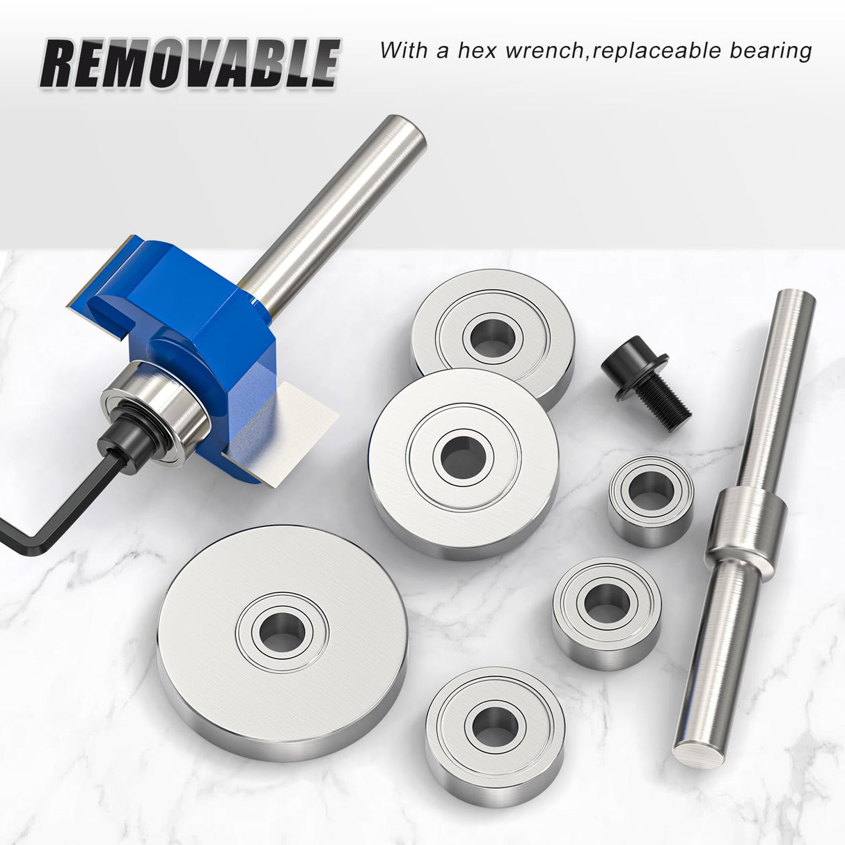 MEIGGTOOL 4Pcs Rabbet Router Bit 1/4" Shank with 6 Bearings Set - 1/16", 1/8", 3/16", 1/4", 5/16", 3/8". Interchangeable Bearings with 1/2" to 1/4" Router Collett MEIGGTOOL