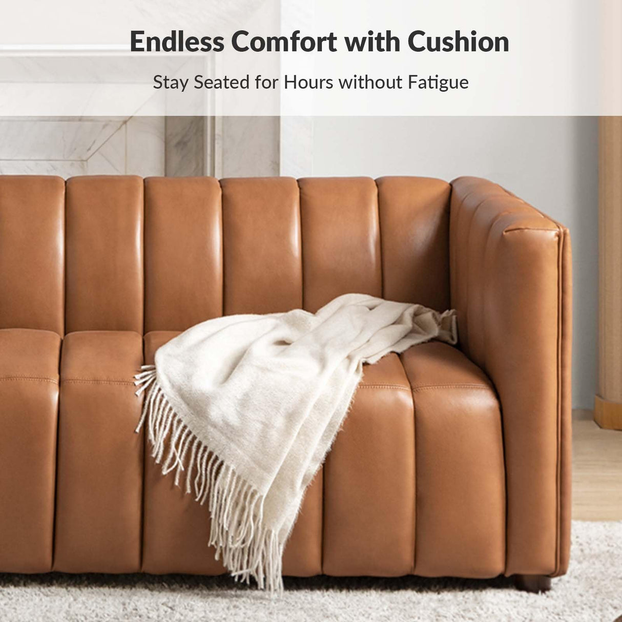 HULALA HOME 83" Genuine Leather Sofa, Sofa Leather for Living Room, 3 Seater Sofa Couch Top Layer Leather Large Sofa Furniture with Channel Tufted Seat Back & Square Arms (Camel) HULALA HOME