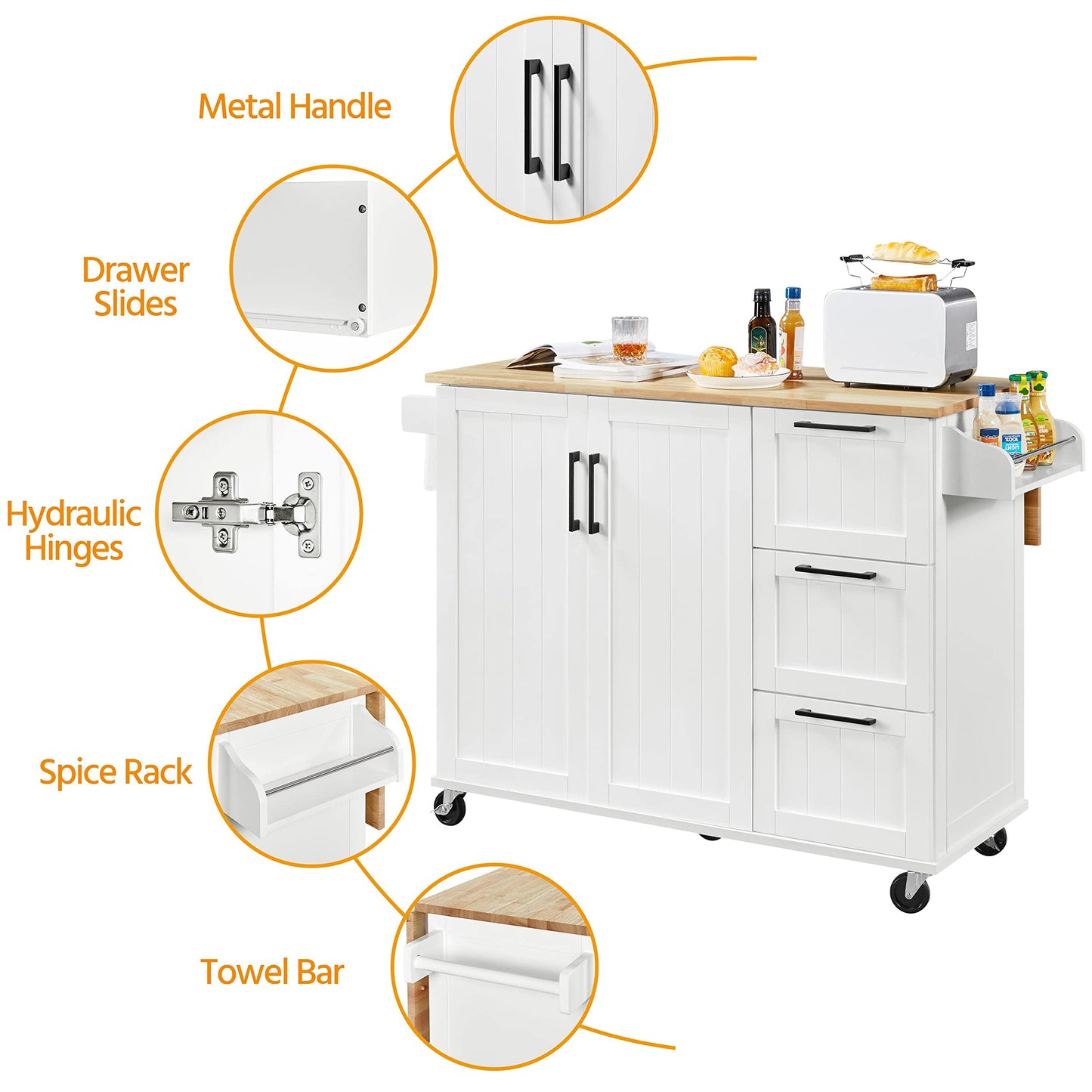 Yaheetech Kitchen Island with Drop-Leaf Breakfast Bar, 53" Width Kitchen Cart on 5 Universal Wheels with Rubberwood Top, Storage Cabinet, 3 Drawers, and Spice Rack for Dining Room, White - WoodArtSupply