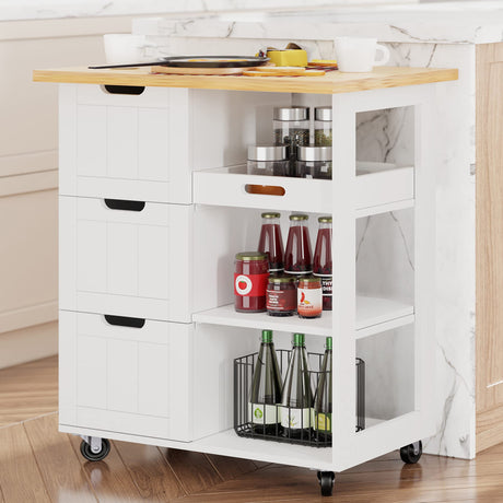 Shintenchi Kitchen Island Cart with Storage,Rolling Kitchen Island Storage Cabinet,Side Table on Wheels with Worktop,3 Open Shelves and 3 Drawers for Kitchen,Dinning Room, White Shintenchi