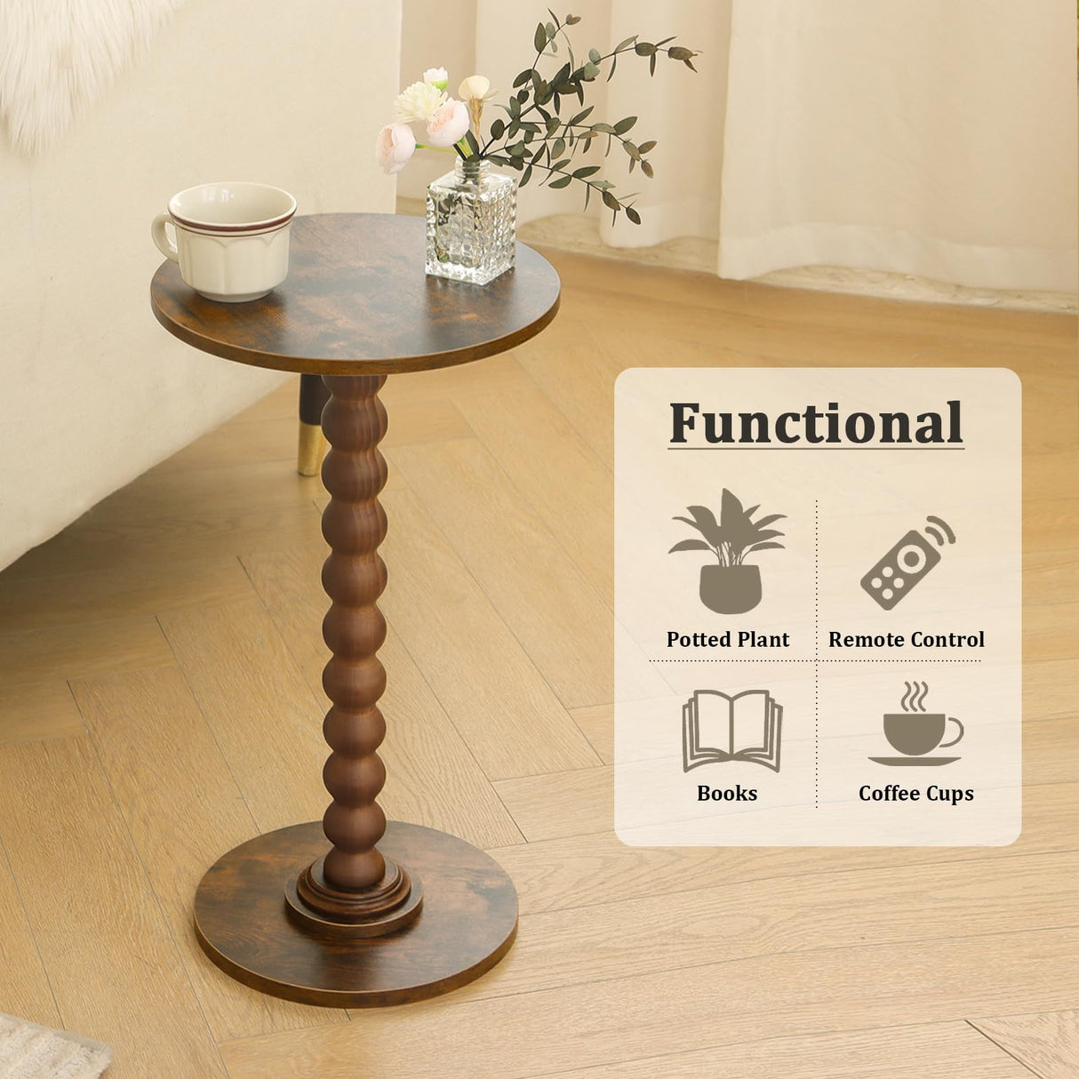Fultyle Round Side Table, Small Drink Table for Small Spaces, Modern Accent End Table Coffee Table with Solid Wood Leg for Living Room, Bedroom, Corners, and Office (Rustic Brown) Fultyle