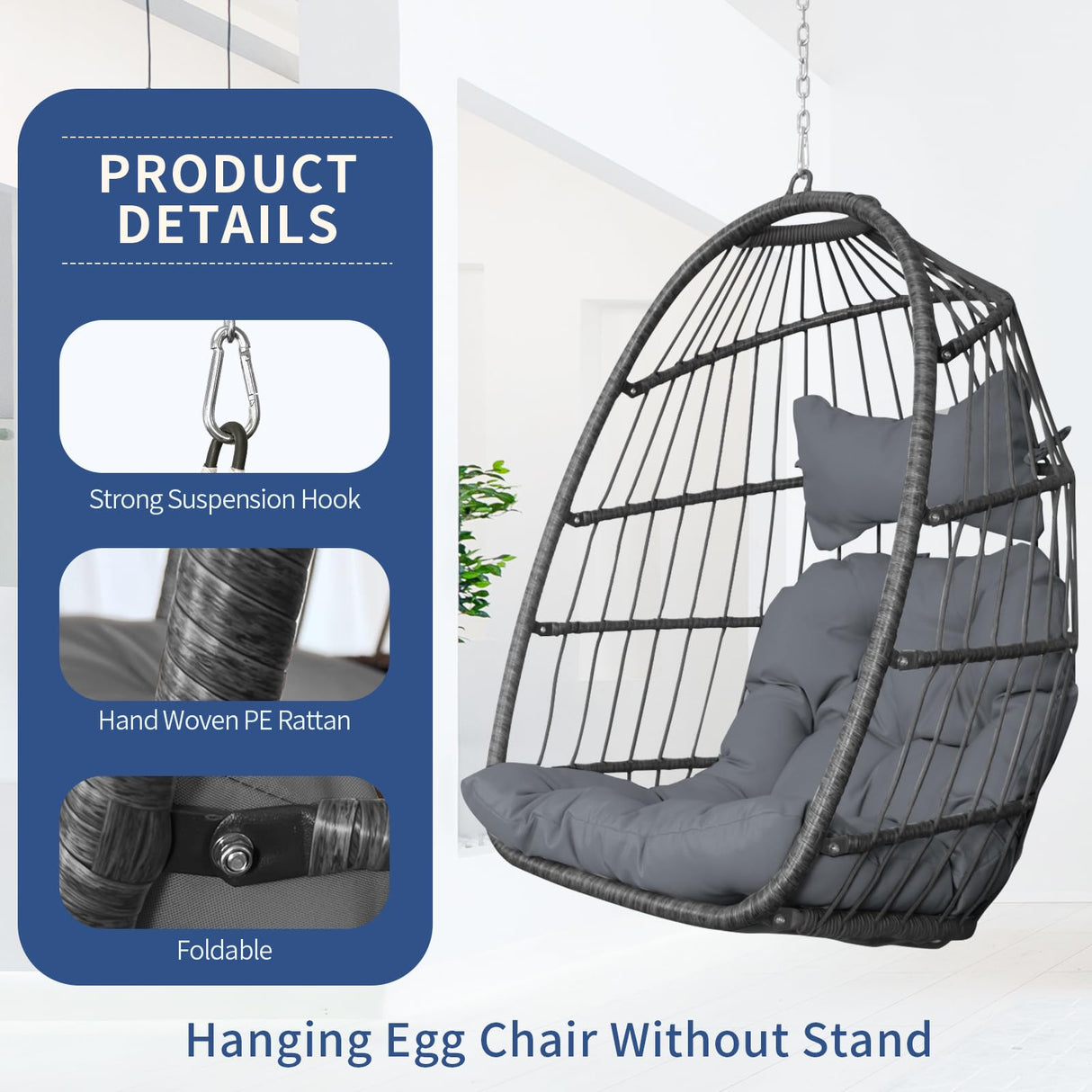 Nicesoul Patio Hanging Egg Chair No Stand, Foldable Ceiling Egg Basket Chairs Without Stand Indoor Outdoor, 350lbs Egg Shell Swing Hammock Chair with Cushion for Backyard, Balcony, Outside, Dark Grey NICESOUL