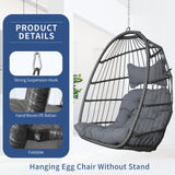 Nicesoul Patio Hanging Egg Chair No Stand, Foldable Ceiling Egg Basket Chairs Without Stand Indoor Outdoor, 350lbs Egg Shell Swing Hammock Chair with Cushion for Backyard, Balcony, Outside, Dark Grey NICESOUL