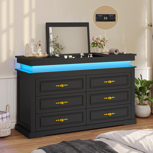 HAUOMS 6 Drawers Dresser with Mirror,LED Chest of Drawers with Flip-Top and Charging Station,Black Dresser for Bedroom,Living Room,Cloest - WoodArtSupply