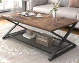 LVB Rustic Coffee Table with Storage, Industrial Wood Metal 2 Tier Center Living Room Table with Mesh Shelf, Farmhouse Wooden Low Rectangle Cocktail Tea Table for Office Bedroom, 47 inch, Rustic Brown LVB