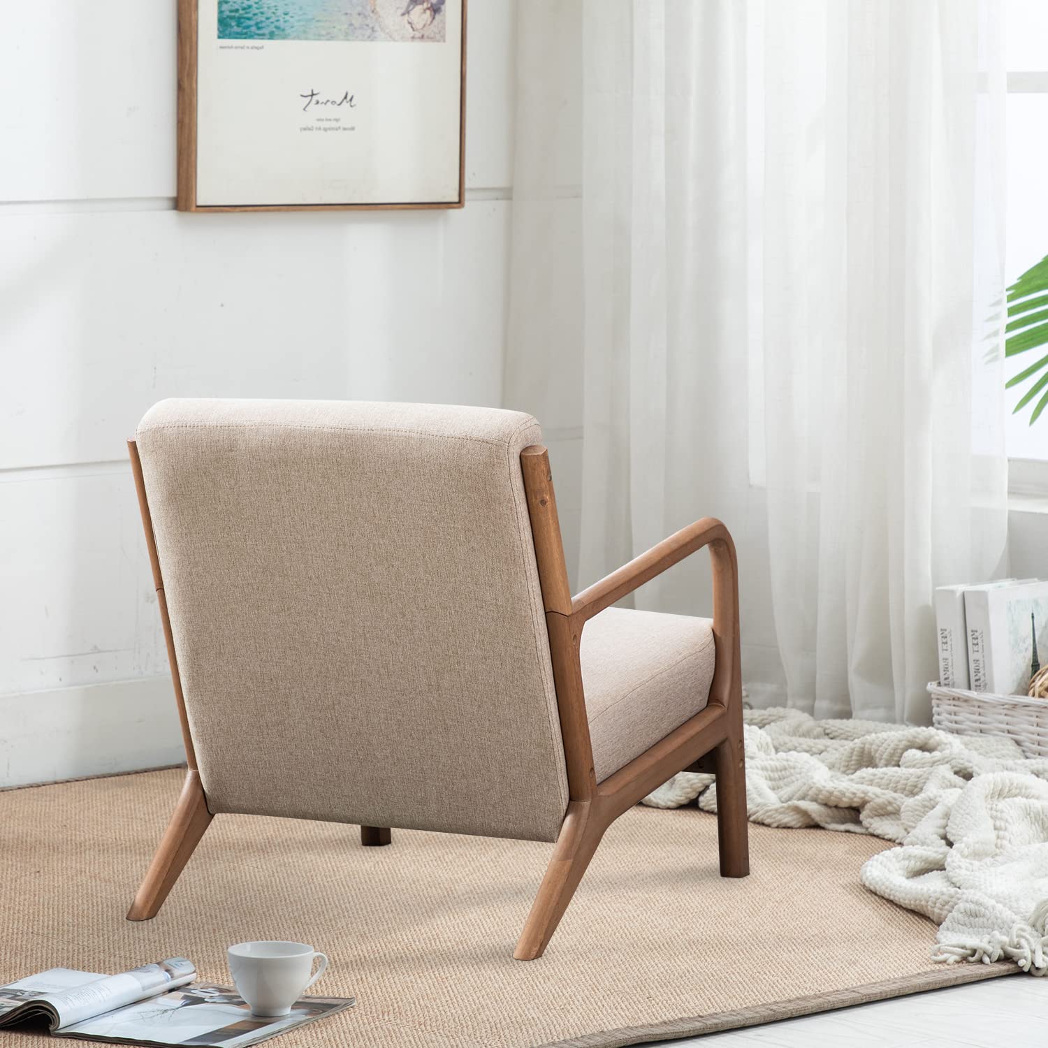 INZOY Mid Century Modern Accent Chair with Wood Frame, Upholstered Living Room Chairs with Waist Cushion, Reading Armchair for Bedroom Sunroom (Beige) - WoodArtSupply