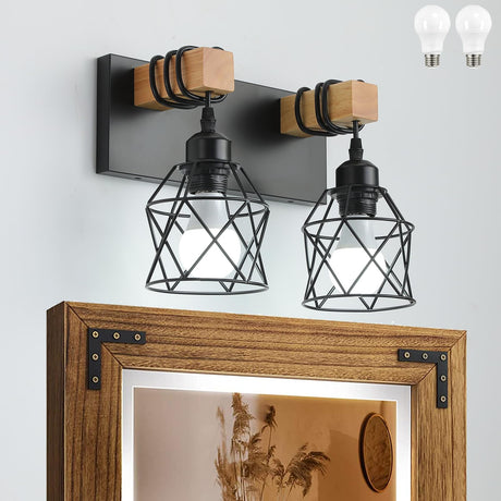 Farmhouse Vanity Light Fixture,2-Light Bathroom Lighting,Black Industrial Wood Wall Light Over Mirror with Metal Shade,LED Bulbs Included vivihobb