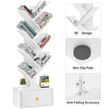 SHEEPAM 8 Tier Tree Bookshelf with Drawer, Free Standing Wood Bookcase for Living Room, Bedroom, Home Office, Space Saving Storage Organizer Bookshelves for Books, CDs, Vinyl Records- White SHEEPAM