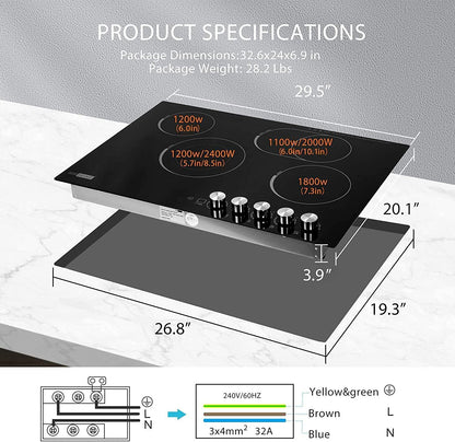 VIVOHOME 29 Inch 4 Burner 7400W Electric Radiant Cooktop, Smoothtop with 5 Heat Setting and 90-min Timer, Black