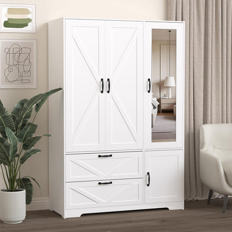 UZUGUL Armoire Wardrobe Closet with Mirror and 2 Drawers, 72''H Bedroom Armoire Wardrobe Cabinet with Hanging Rod and Light,Wooden Bedroom Closet with 3 Door UZUGUL