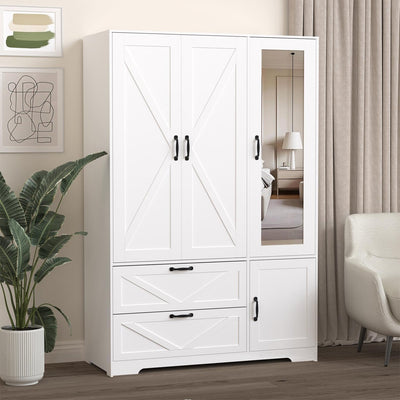 UZUGUL Armoire Wardrobe Closet with Mirror and 2 Drawers, 72''H Bedroom Armoire Wardrobe Cabinet with Hanging Rod and Light,Wooden Bedroom Closet with 3 Door