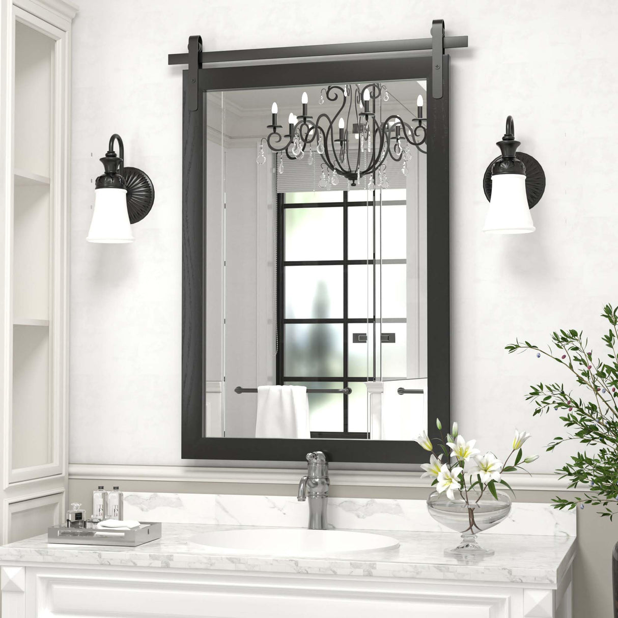 Black Farmhouse Mirror - 24x36INCH Wood Framed Square Bathroom Mirror for Vanity, Barn Door Style Wall Mounted Dresser Decor Living Room Bedroom Vertical PAIHOME