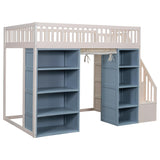 Harper & Bright Designs Full Size Loft Bed, Wooden Full Loft Bed with Stairs & Safety Guardrail, Bed Frame Full Size with Storage Bookcase and Under-Bed Play Space, White+Blue Harper & Bright Designs
