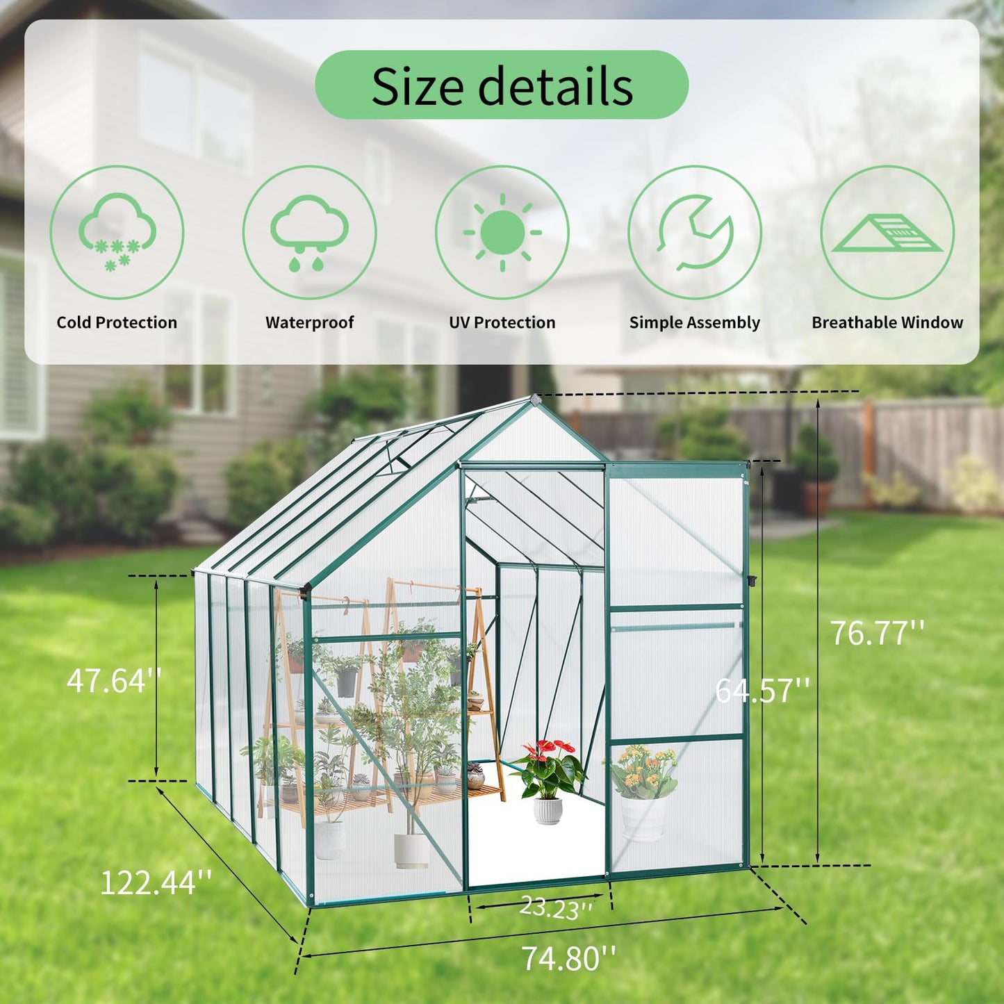 6X10 FT Polycarbonate Greenhouse with Quick Setup Structure, Walk-in Hobby Greenhouse Storage Shed with Sliding Doors and Roof Vent, Sunroom Aluminum Hot House for Outdoor Garden Backyard, Green