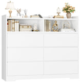 FOTOSOK White Dresser, 47.2" White Modern Chest of Drawers with 2 Open Cabinets, Handless Design Dresser with 6 Drawers, Wood Dressers Storage Drawers for Home & Office FOTOSOK