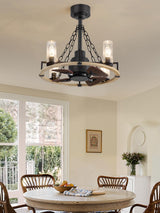 POWIFY 20 Inch Wagon Wheel Chandelier with Fan, Farmhouse Chandelier Fan with Remote, Quiet Reversible Motor, Dual Finish Blades, Black Rustic Ceiling Fan for Bedroom Dining Room Living Room Kitchen POWIFY