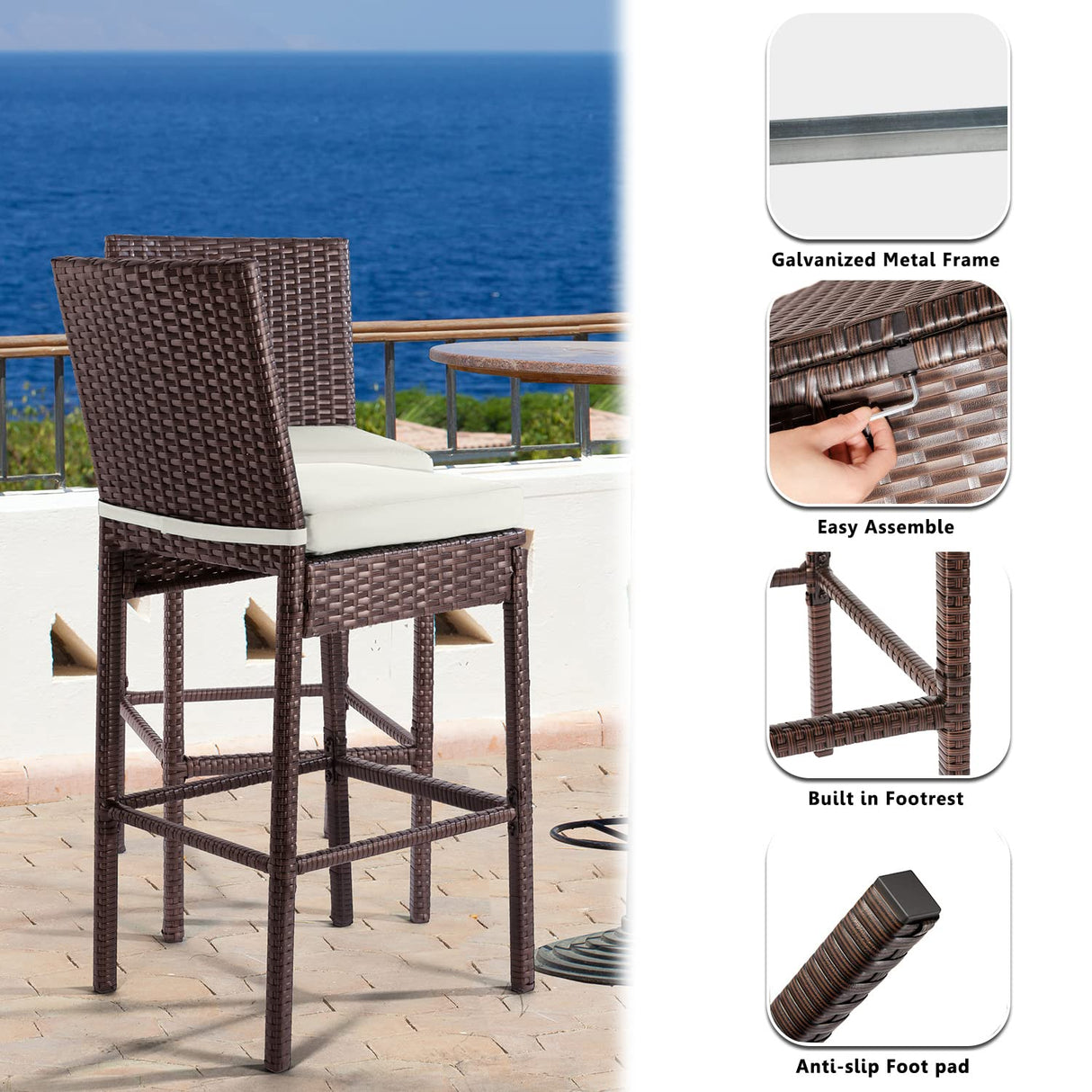 Outdoor Bar Stools Wicker Woven Patio Stools & Patio Bar Chairs Set of 4 Counter Bar Height Stools with Footrest Armless Cushion Beige All Weather Rattan Garden Stool for Pool Lawn Porch Backyard Patio Novagarden