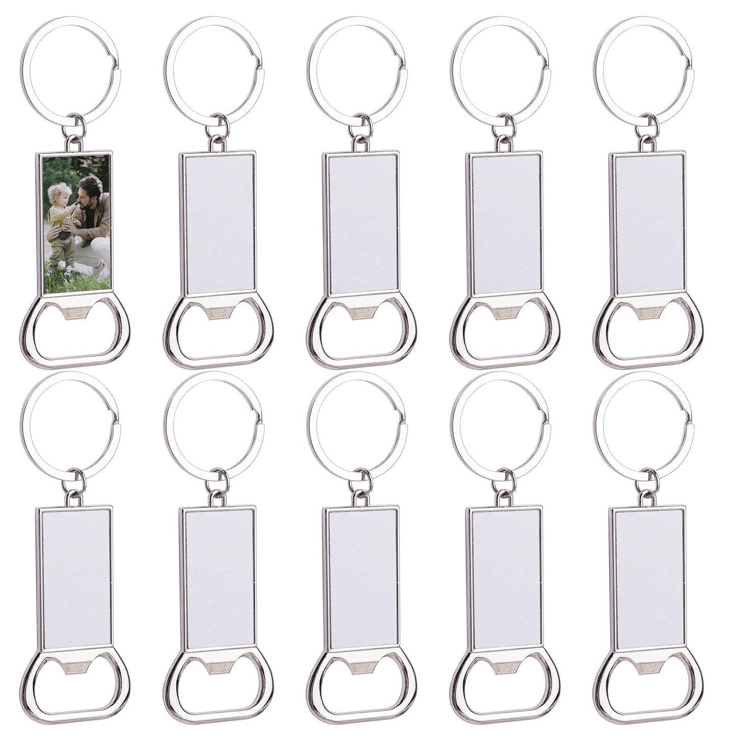 Framendino, 10 Pack Sublimation Blanks Bottle Opener Metal Keychains Blank Key Rings for Sublimation Photo