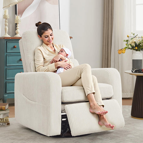 AEMEIOS Swivel Rocker Recliner, Oversized Manual Nursery Glider Rocking Recliner Chair with Removable Cushion, Upholstered Swivel Reclining Chair for Nursery Living Room Bedroom, Corduroy White AEMEIOS