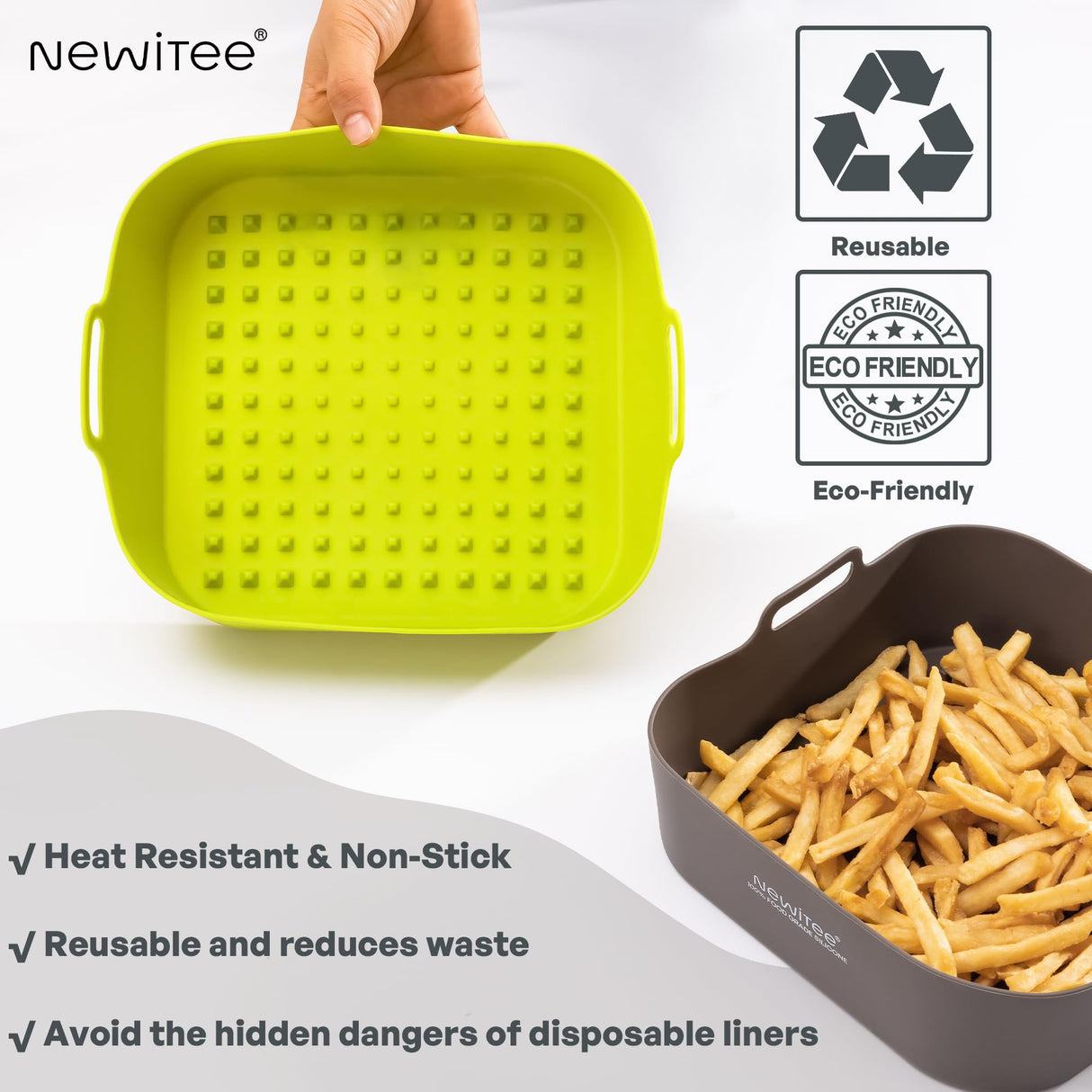 NEWITEE Air Fryer Silicone Liners 5 Qt For Ninja* AF141/AF181/COSORI*, 2 Pack BPA Free Platinum Air Fryer Basket Liners, Square Ninja Large Reusable Air Fryer Accessories Replacement for Parchment NEWITEE