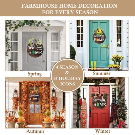 Interchangeable Welcome Sign for Front Door with 4 Seasonal Wreaths and 14 Changeable Icons, Farmhouse Front Door Signs, Door Decoration Porch Decor, Seasonal Wooden Home Sign Home décor (6wood) HOMCDALY