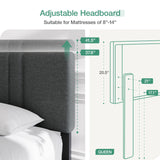 Novilla Adjustable Queen Bed Frame with Upholstered Headboard and Wood Slat Support - Dark Grey Novilla