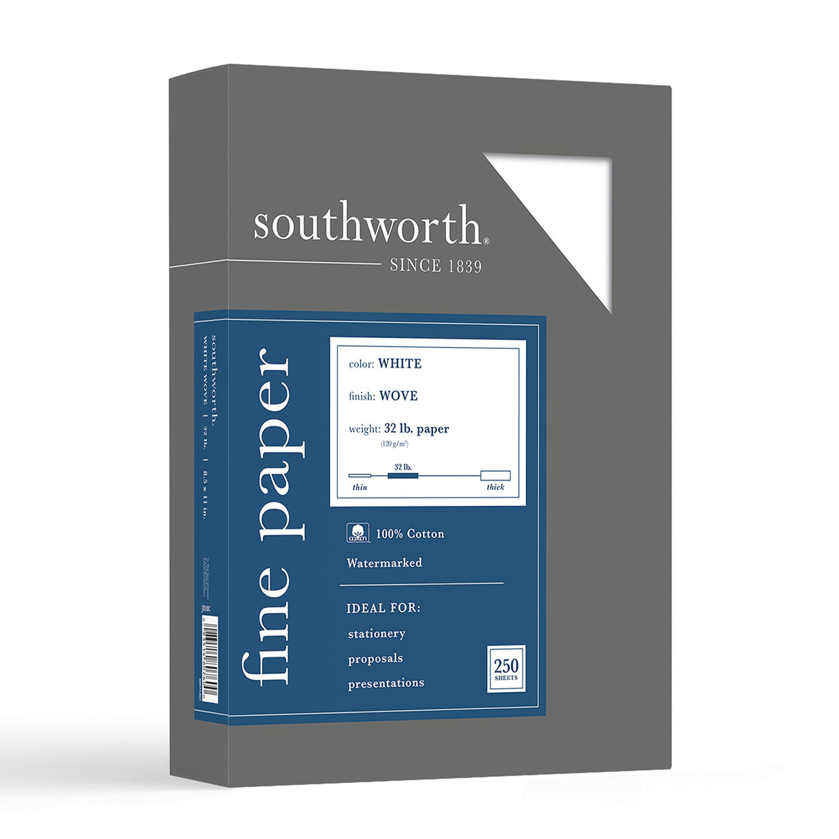 Southworth® 100% Cotton Business Paper, 8 1/2" x 11", 32 Lb, White, Box of 250 Southworth