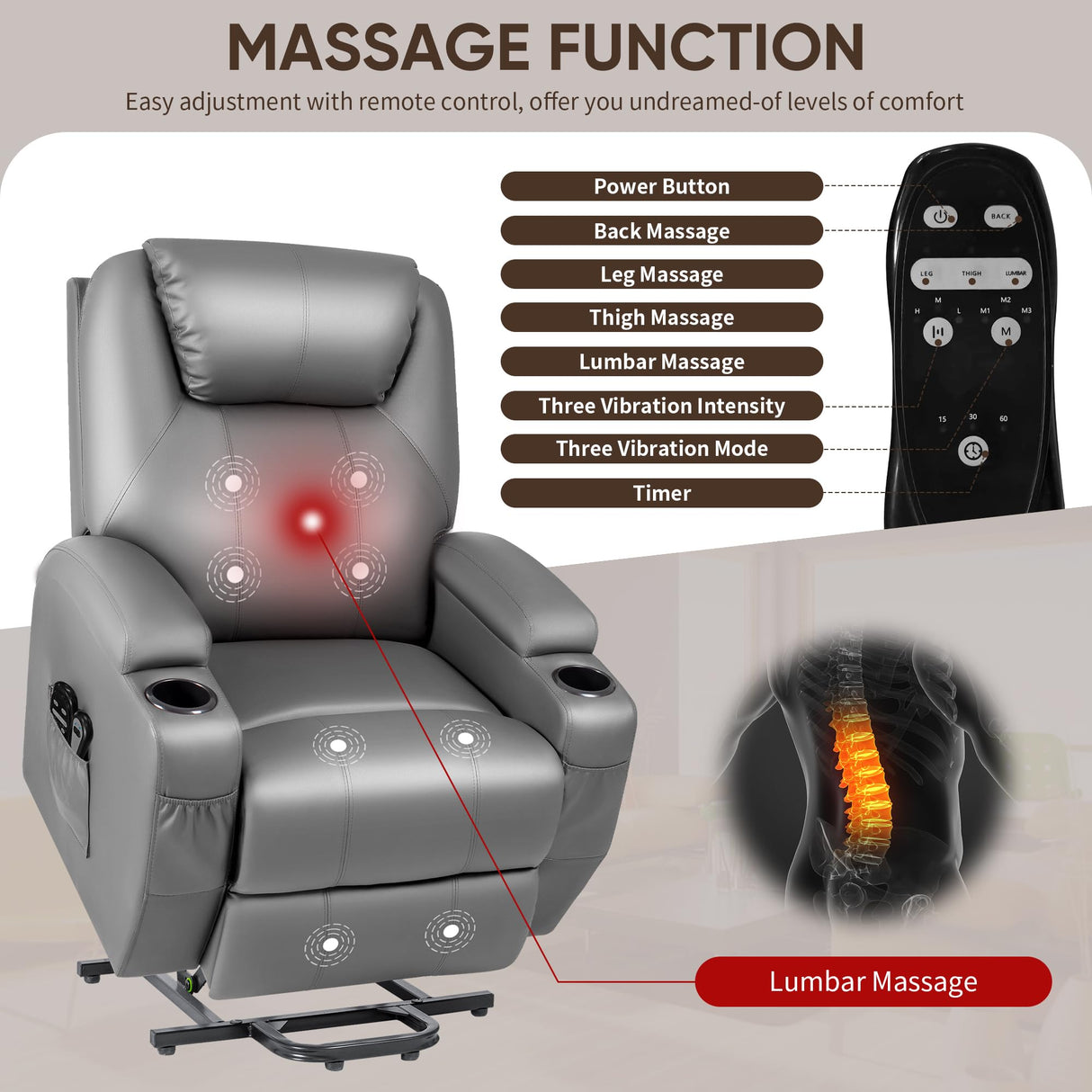 JUMMICO Power Lift Recliner Chair with Massage for Elderly PU Leather Modern Reclining Sofa Chair with Cup Holders, Remote Control, Adjustable Furniture (Gray) JUMMICO