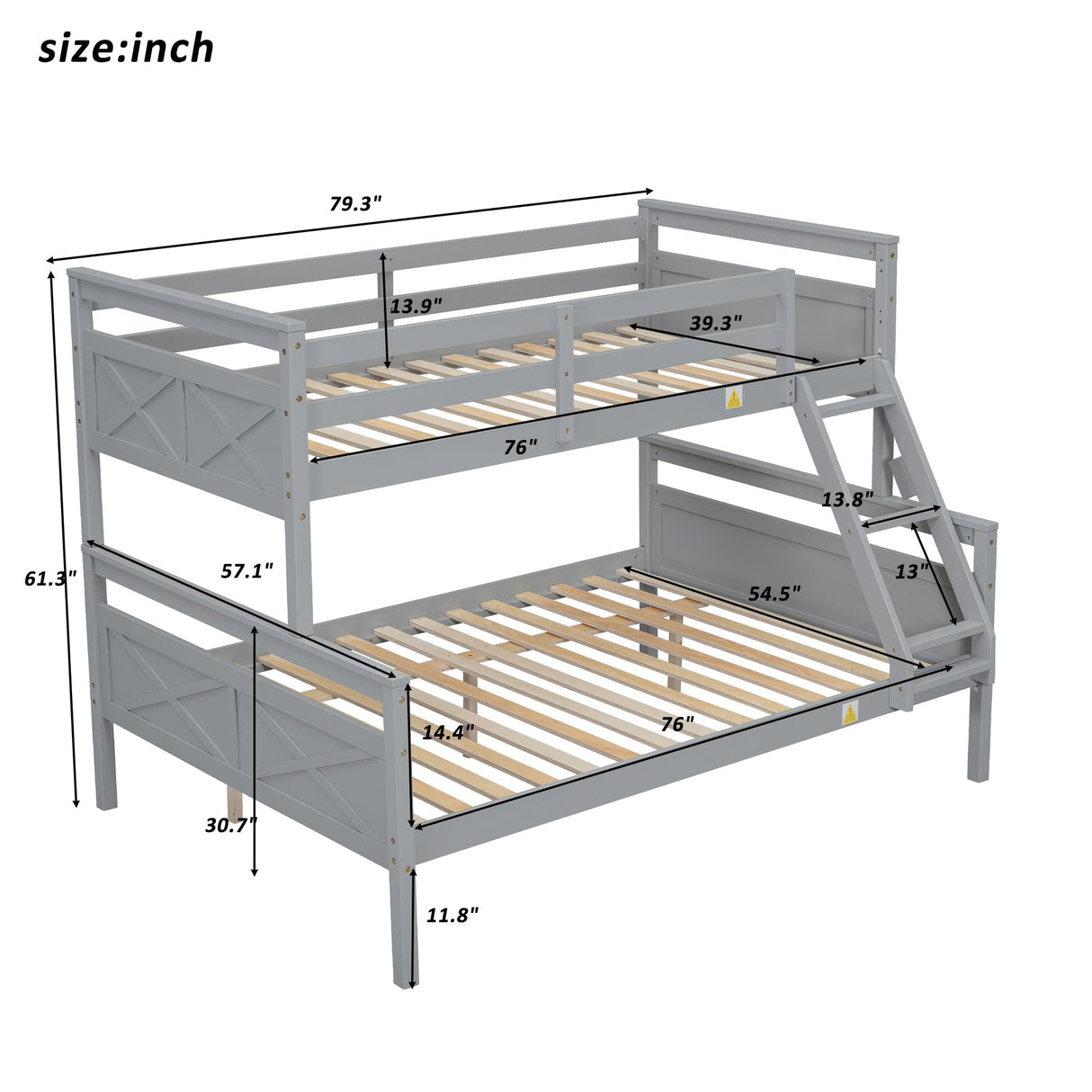 N NAANSI Twin Over Full Bunk Bed with Ladder, Full Length Guardrail, X-Shape Headboard and Footboard, Wooden Bunk Bed Frame Can be Separated into 2 Beds, Gray N NAANSI