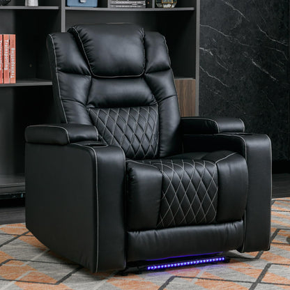 ANJ Power Recliner Chair with USB Port, Electric PU Leather Home Theater Seating for Living Room, Movie Reclining Chairs with Blue Ambient Lighting, Hidden Arm Storage, Cup Holders (Black)