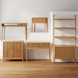 Nathan James Jasper 3-Shelf Solid Wood Boho Bookshelf, Wall Mounted Bookshelf with Cabinet with Fluted Doors, Natural Brown Nathan James