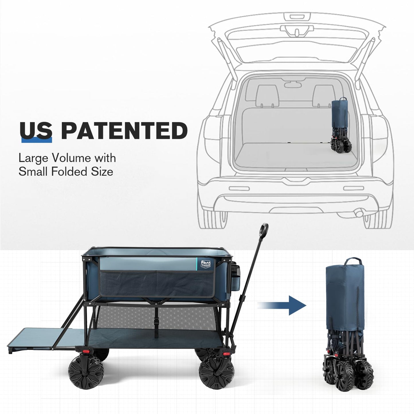 TIMBER RIDGE 400L Large Capacity Folding Double Decker Wagon, 54" Extra Long Extender Wagon Cart, 450lbs Heavy Duty Collapsible Wagon, All-Terrain Big Wheels for Camping, Sports, Shopping, Bl - WoodArtSupply