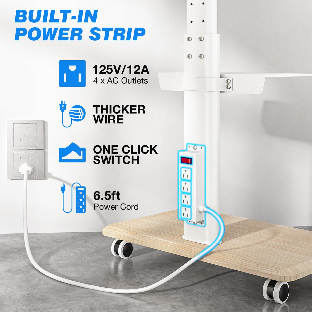 Rfiver Sleek Rolling TV Stand with Power Outlet for Home Decor, Height Adjustable Portable TV Stand on Wheels for 32-70 Inch TVs, Strong Tall Mobile TV Cart with Mount Up to 88 lbs, White Rfiver