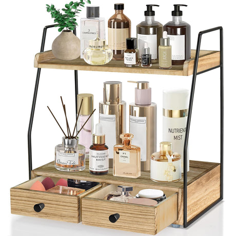 Bathroom Counter Organizer with Drawer, Countertop Makeup Organizer for Vanity, Wood Tray for Perfume Skincare Organizer, 2-Tier Multi-Purpose Shelf for Kitchen Bathroom Organizers and Storage Lzhevsk