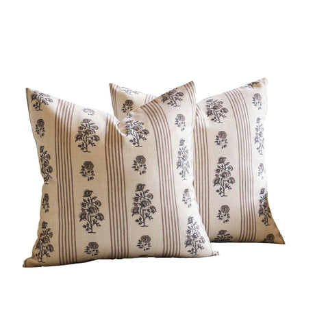 Amor Virisso Floral Throw Pillow Covers 18x18 Set of 2 Block Print Pillow Covers Neutral Floral Striped Farmhouse Decorative Pillow Covers for Sofa Couch Bed, Brown Amor Virisso